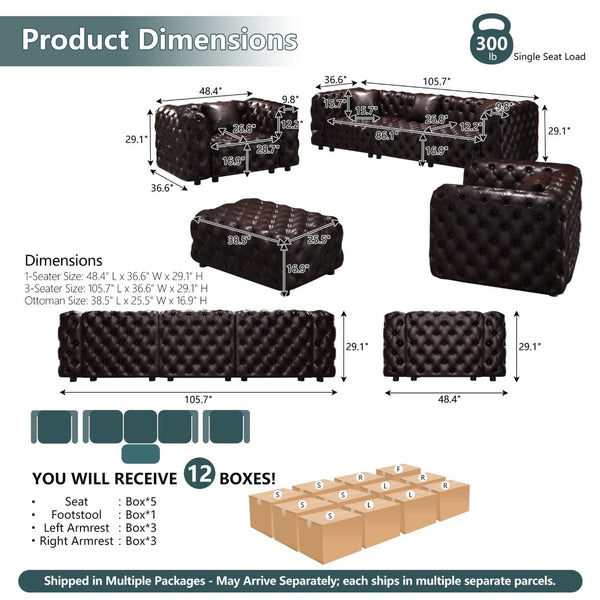 English Elm Modern Faux Leather Modular Sectional Sofa with Handcrafted Tufting Ottoman and Pillows Brown W1885S00497