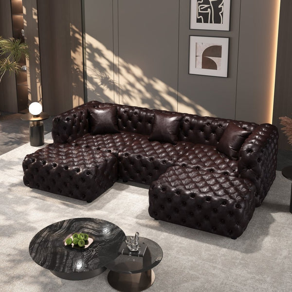 English Elm 105.7" Modular Faux Leather Sectional Sofa Button Tufted Italian Style with Ottomans Brown W1885S00498