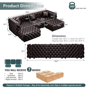 English Elm 105.7" Modular Faux Leather Sectional Sofa Button Tufted Italian Style with Ottomans Brown W1885S00498