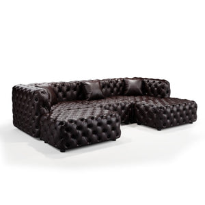 English Elm 105.7" Modular Faux Leather Sectional Sofa Button Tufted Italian Style with Ottomans Brown W1885S00498