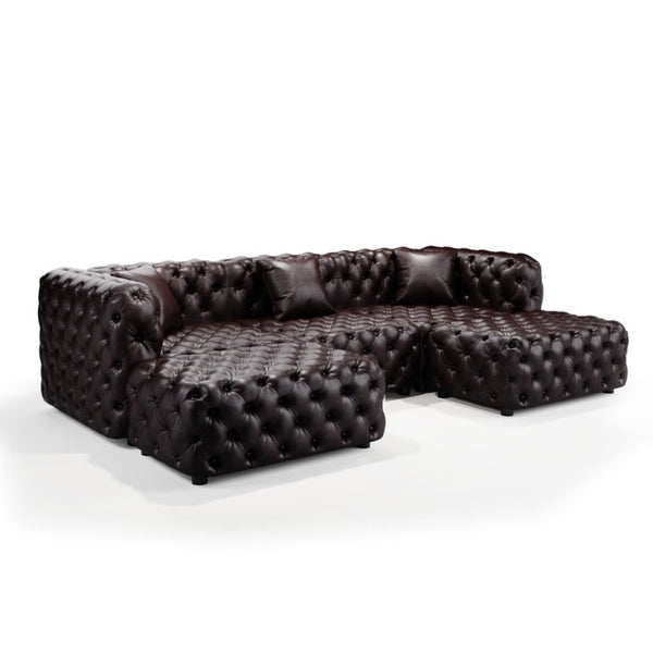English Elm 105.7" Modular Faux Leather Sectional Sofa Button Tufted Italian Style with Ottomans Brown W1885S00498
