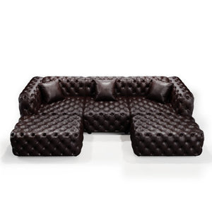 English Elm 105.7" Modular Faux Leather Sectional Sofa Button Tufted Italian Style with Ottomans Brown W1885S00498