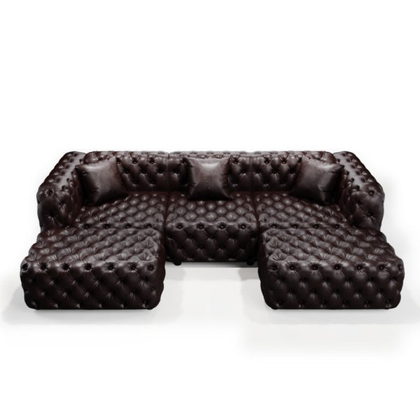 English Elm 105.7" Modular Faux Leather Sectional Sofa Button Tufted Italian Style with Ottomans Brown W1885S00498