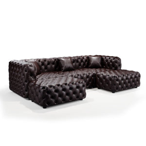 English Elm 105.7" Modular Faux Leather Sectional Sofa Button Tufted Italian Style with Ottomans Brown W1885S00498