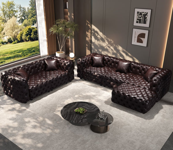 English Elm Modern Faux Leather Modular Sectional Sofa with Tufted Cushions Ottoman and Pillows Brown W1885S00500