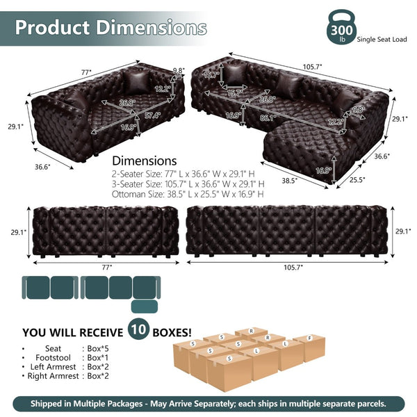 English Elm Modern Faux Leather Modular Sectional Sofa with Tufted Cushions Ottoman and Pillows Brown W1885S00500