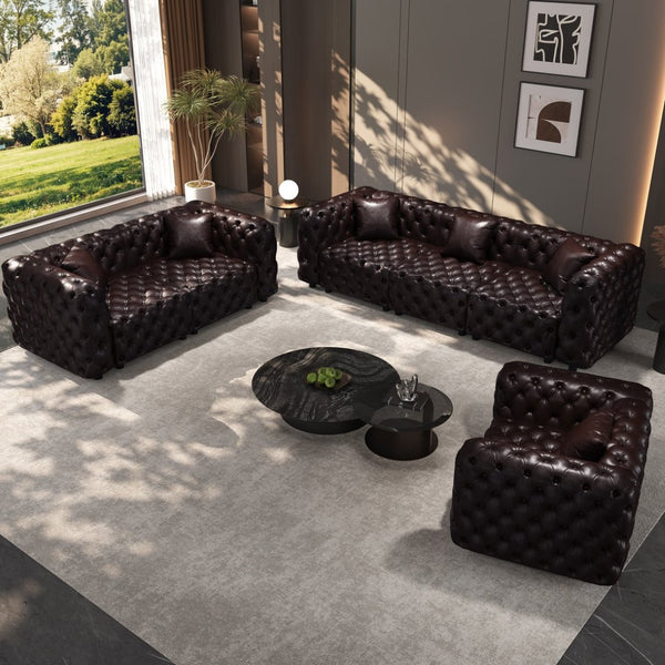 English Elm Modern Tufted Faux Leather Modular Sectional Sofa Six Seat Living Room Couch Brown W1885S00501