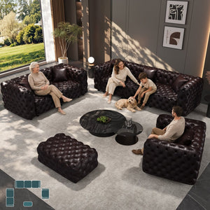English Elm Modern Faux Leather Modular Sectional Sofa with Tufted Detailing Ottoman and Six Pillows Brown W1885S00502