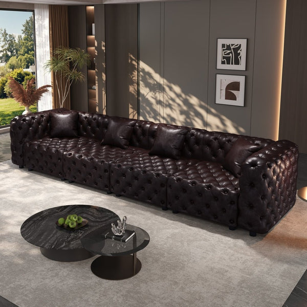 English Elm 134.4" Faux Leather Modular Sectional Sofa with Button Tufted Detail for Living Room Brown W1885S00503