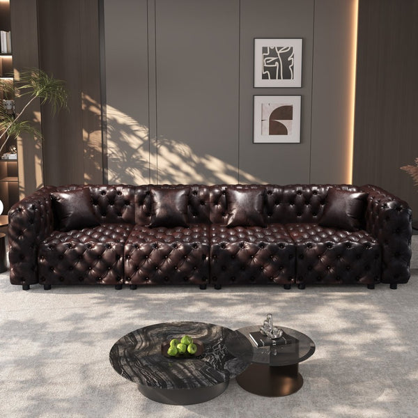 English Elm 134.4" Faux Leather Modular Sectional Sofa with Button Tufted Detail for Living Room Brown W1885S00503