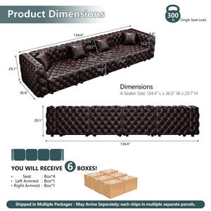 English Elm 134.4" Faux Leather Modular Sectional Sofa with Button Tufted Detail for Living Room Brown W1885S00503