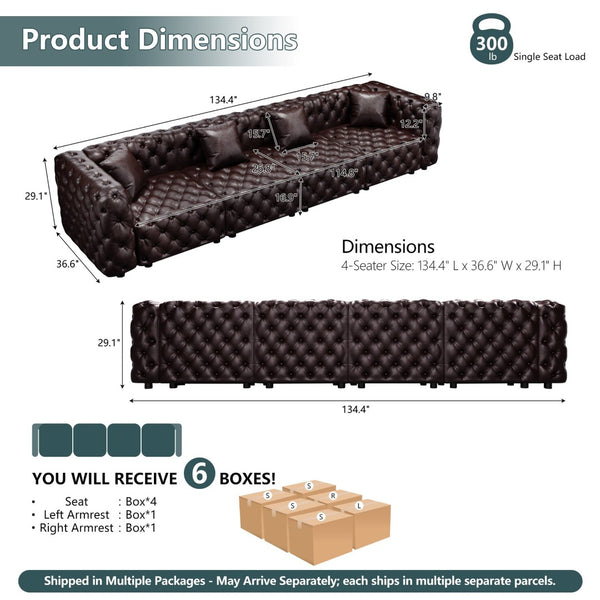 English Elm 134.4" Faux Leather Modular Sectional Sofa with Button Tufted Detail for Living Room Brown W1885S00503
