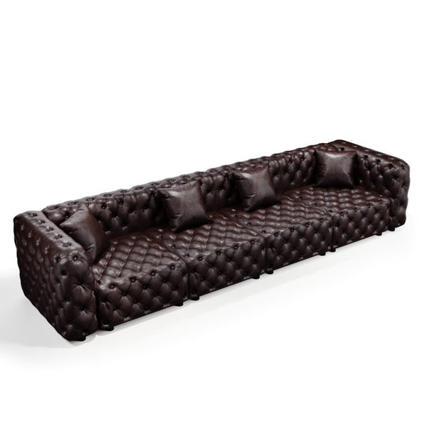 English Elm 134.4" Faux Leather Modular Sectional Sofa with Button Tufted Detail for Living Room Brown W1885S00503