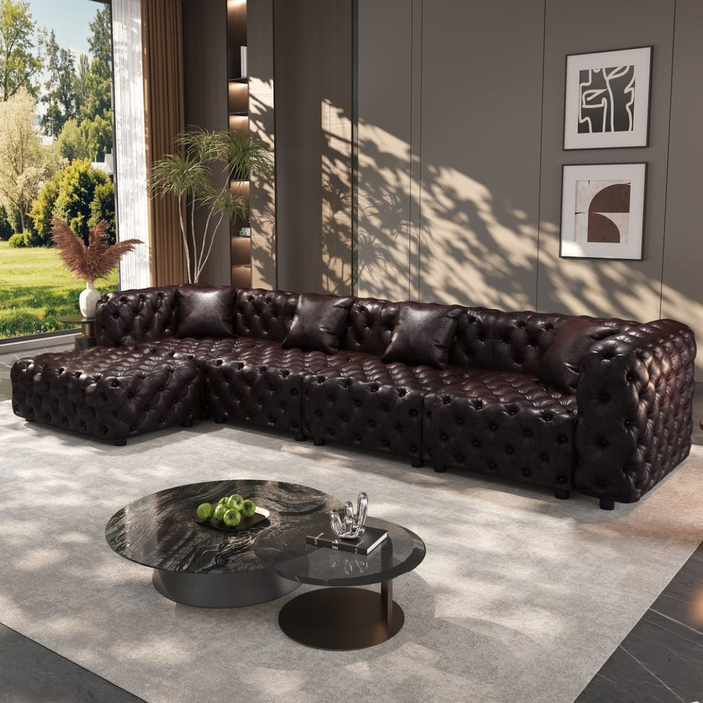 English Elm 134.4" Modular Faux Leather Sectional with Button Tufting Ottoman and Pillows Included Brown W1885S00504
