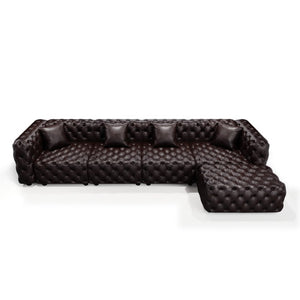 English Elm 134.4" Modular Faux Leather Sectional with Button Tufting Ottoman and Pillows Included Brown W1885S00504