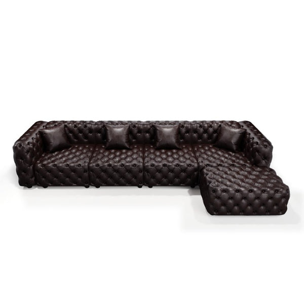 English Elm 134.4" Modular Faux Leather Sectional with Button Tufting Ottoman and Pillows Included Brown W1885S00504