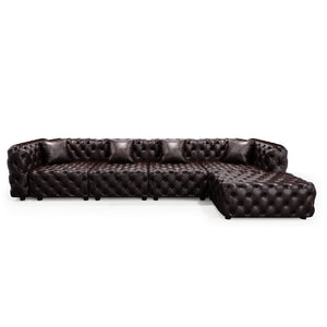 English Elm 134.4" Modular Faux Leather Sectional with Button Tufting Ottoman and Pillows Included Brown W1885S00504
