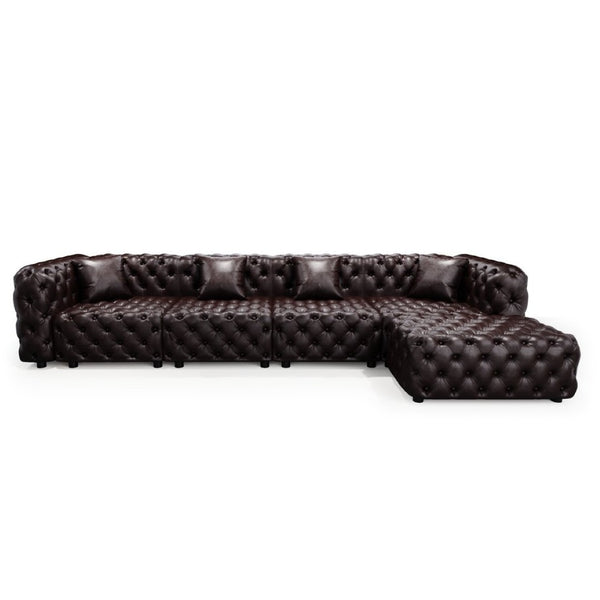 English Elm 134.4" Modular Faux Leather Sectional with Button Tufting Ottoman and Pillows Included Brown W1885S00504