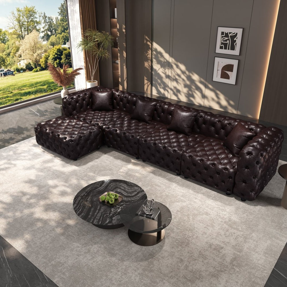 English Elm 134.4" Modular Faux Leather Sectional with Button Tufting Ottoman and Pillows Included Brown W1885S00504