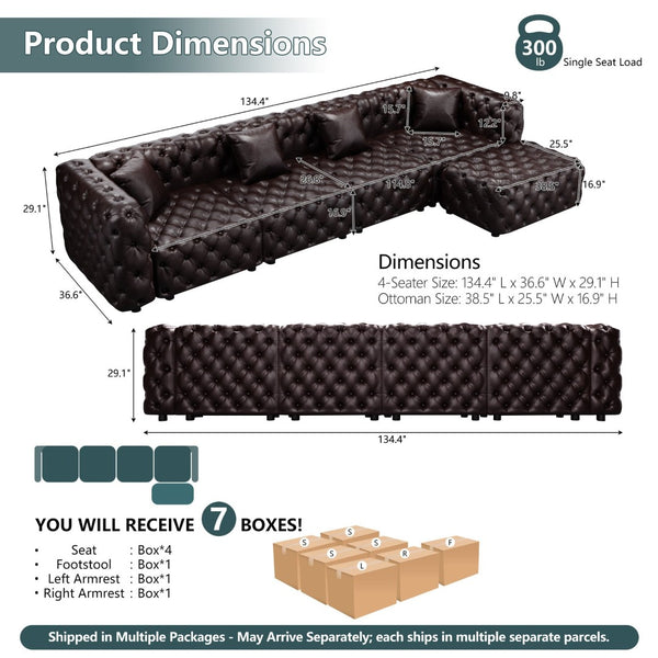 English Elm 134.4" Modular Faux Leather Sectional with Button Tufting Ottoman and Pillows Included Brown W1885S00504