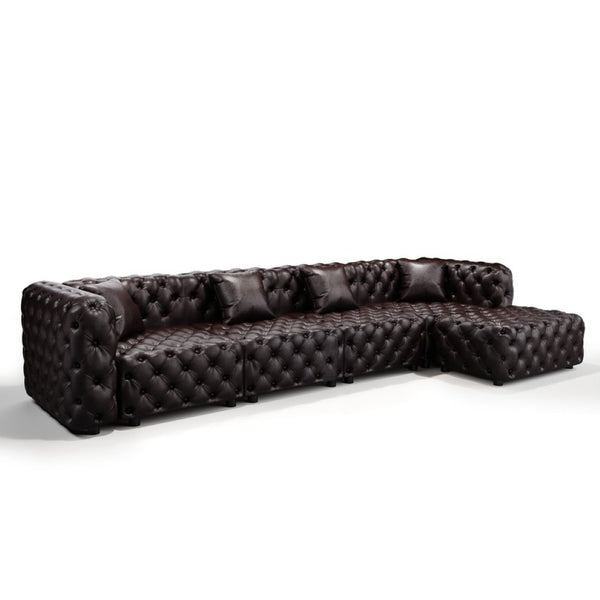 English Elm 134.4" Modular Faux Leather Sectional with Button Tufting Ottoman and Pillows Included Brown W1885S00504