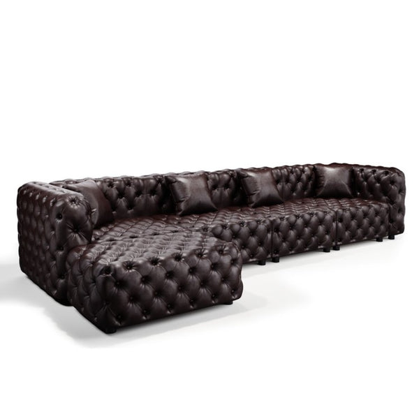 English Elm 134.4" Modular Faux Leather Sectional with Button Tufting Ottoman and Pillows Included Brown W1885S00504