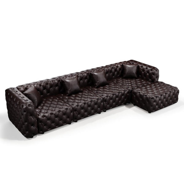 English Elm 134.4" Modular Faux Leather Sectional with Button Tufting Ottoman and Pillows Included Brown W1885S00504