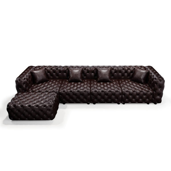 English Elm 134.4" Modular Faux Leather Sectional with Button Tufting Ottoman and Pillows Included Brown W1885S00504