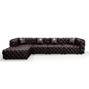 English Elm 134.4" Modular Faux Leather Sectional with Button Tufting Ottoman and Pillows Included Brown W1885S00504