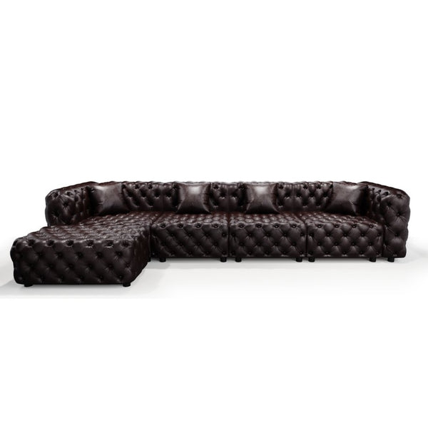 English Elm 134.4" Modular Faux Leather Sectional with Button Tufting Ottoman and Pillows Included Brown W1885S00504