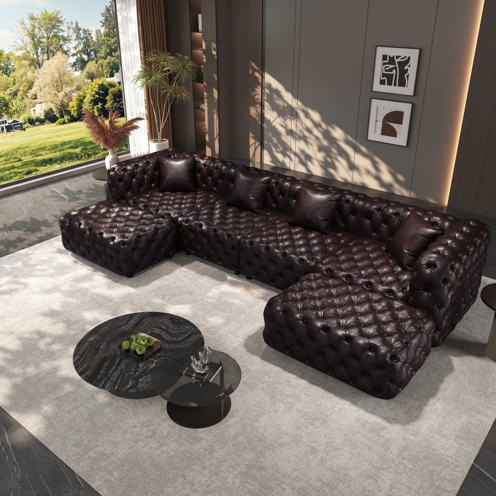 English Elm 134.4" Tufted Faux Leather Modular Sectional Sofa with Ottomans for Large Living Rooms Brown W1885S00505