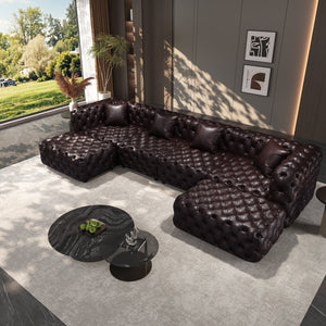English Elm 134.4" Tufted Faux Leather Modular Sectional Sofa with Ottomans for Large Living Rooms Brown W1885S00505
