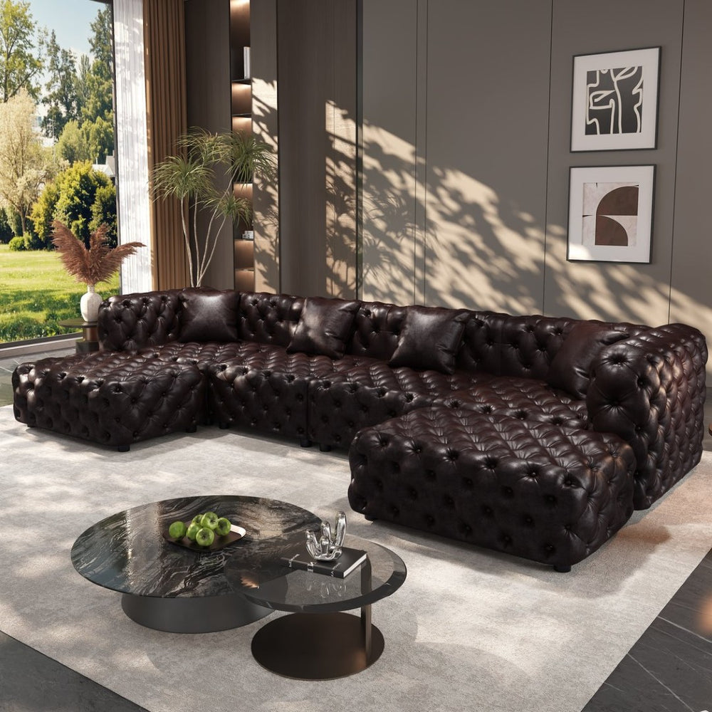 English Elm 134.4" Tufted Faux Leather Modular Sectional Sofa with Ottomans for Large Living Rooms Brown W1885S00505