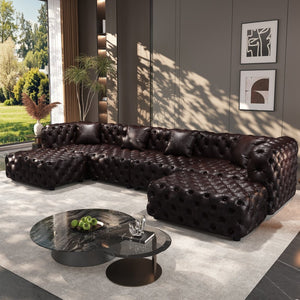 English Elm 134.4" Tufted Faux Leather Modular Sectional Sofa with Ottomans for Large Living Rooms Brown W1885S00505