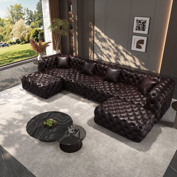 English Elm 134.4" Tufted Faux Leather Modular Sectional Sofa with Ottomans for Large Living Rooms Brown W1885S00505