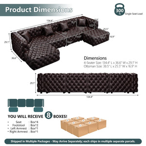 English Elm 134.4" Tufted Faux Leather Modular Sectional Sofa with Ottomans for Large Living Rooms Brown W1885S00505