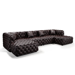 English Elm 134.4" Tufted Faux Leather Modular Sectional Sofa with Ottomans for Large Living Rooms Brown W1885S00505