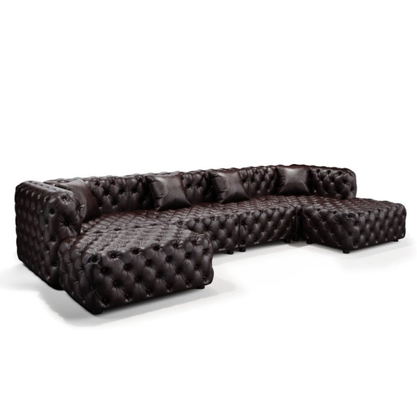 English Elm 134.4" Tufted Faux Leather Modular Sectional Sofa with Ottomans for Large Living Rooms Brown W1885S00505