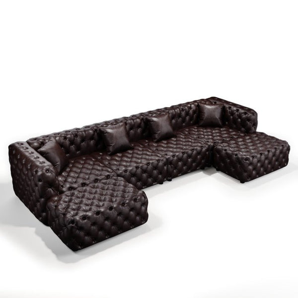 English Elm 134.4" Tufted Faux Leather Modular Sectional Sofa with Ottomans for Large Living Rooms Brown W1885S00505
