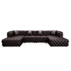 English Elm 134.4" Tufted Faux Leather Modular Sectional Sofa with Ottomans for Large Living Rooms Brown W1885S00505