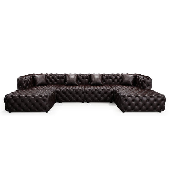 English Elm 134.4" Tufted Faux Leather Modular Sectional Sofa with Ottomans for Large Living Rooms Brown W1885S00505