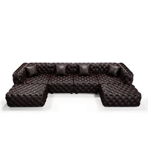 English Elm 134.4" Tufted Faux Leather Modular Sectional Sofa with Ottomans for Large Living Rooms Brown W1885S00505