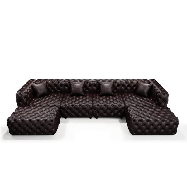 English Elm 134.4" Tufted Faux Leather Modular Sectional Sofa with Ottomans for Large Living Rooms Brown W1885S00505