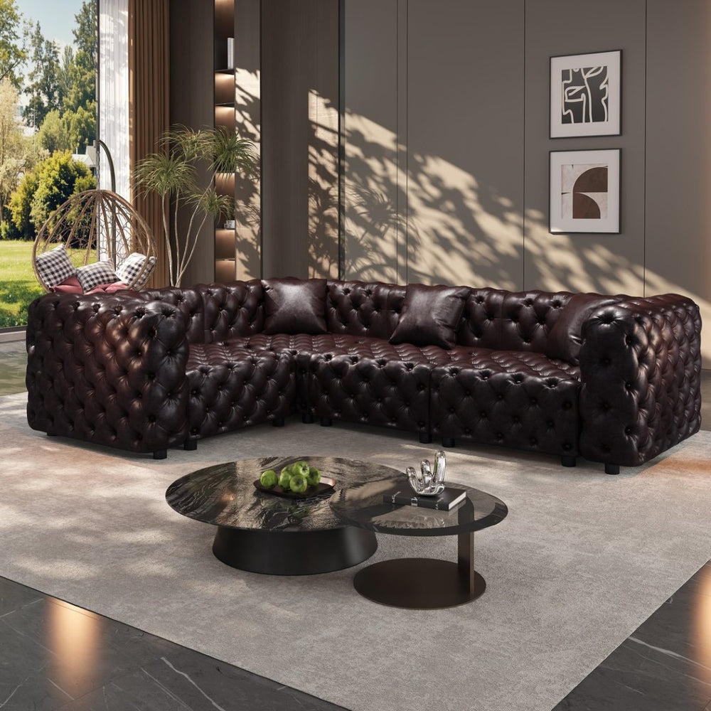 English Elm 103.8" Modular Faux Leather Sectional Sofa Italian Tufted 4 Seat Living Room Couch Brown W1885S00506