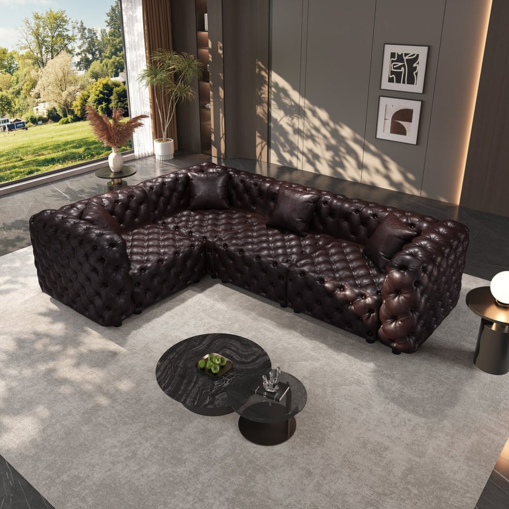 English Elm 103.8" Modular Faux Leather Sectional Sofa Italian Tufted 4 Seat Living Room Couch Brown W1885S00506