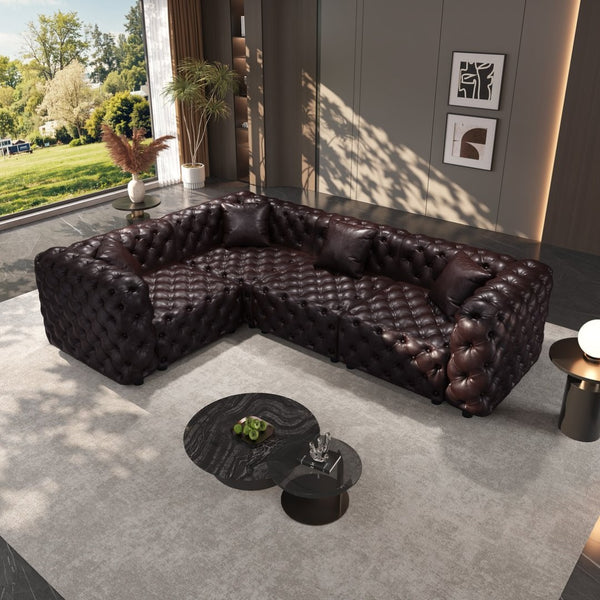 English Elm 103.8" Modular Faux Leather Sectional Sofa Italian Tufted 4 Seat Living Room Couch Brown W1885S00506