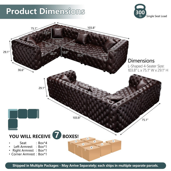 English Elm 103.8" Modular Faux Leather Sectional Sofa Italian Tufted 4 Seat Living Room Couch Brown W1885S00506