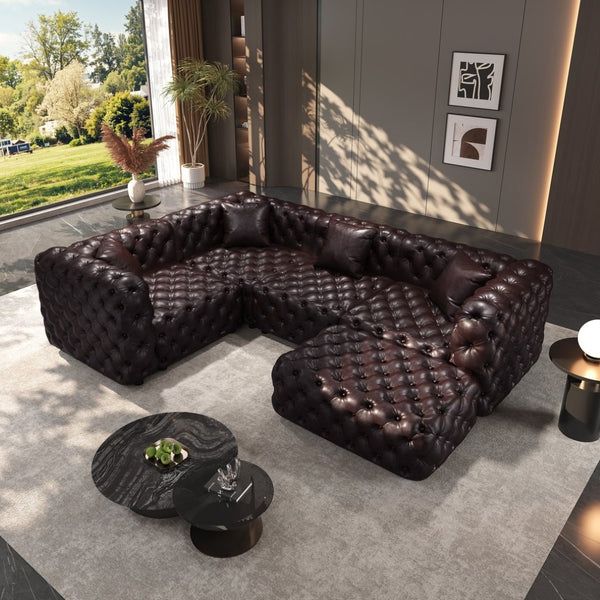 English Elm 103.8" Modular Faux Leather Sectional Sofa with Hand Tufted Back Ottoman Pillows Brown W1885S00507
