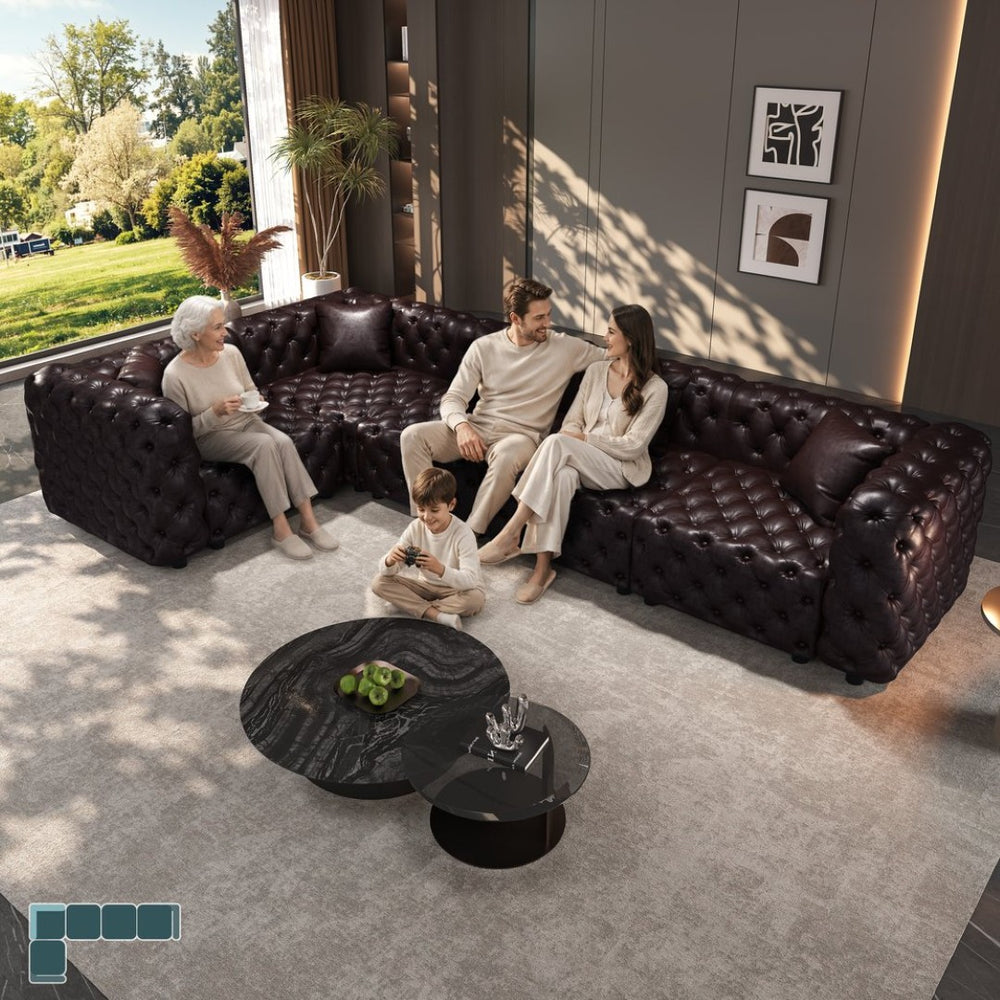 English Elm 132.5" Modular Faux Leather Sectional Sofa Button Tufted 5 Seat Living Room Couch Brown W1885S00508