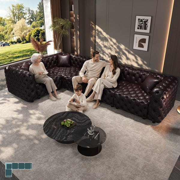 English Elm 132.5" Modular Faux Leather Sectional Sofa Button Tufted 5 Seat Living Room Couch Brown W1885S00508